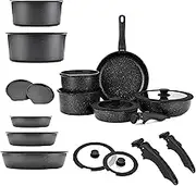 Gourmetific Cookware Set, 11/15 Piece Gourmetific Cookware Detachable Handle Set, for Kitchen (Black,11 Pcs)