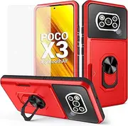 Phone Case for Xiaomi Poco X3 Pro/PocoX3 NFC/Poco X3 with Tempered Glass Screen Protector Cover and Credit Slim Ring Card Holder Stand Cell Accessories Mi PocoX3NFC Pocco X 3 3X PocoX3Pro Women Red