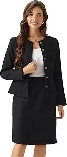 [Allegra K] Suit Set for Women's 2 Piece Outfits Tweed Peplum Collarless Blazer Jacket and Skirt Sets