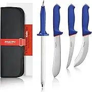 5 PCS Professional Butcher Knife Set W/Non-slip Softgrip, incl. 8"Butcher Knife, 6" Skinning Knife, 6" Boning Knife For Meat Cutting, 10" Knife Sharpener Rod & Knife Roll Bag, X50CrMoV15 German Steel