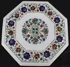 White Marble Coffee Table Top Semi Precious Gesmtone Inlay Work Corner Table