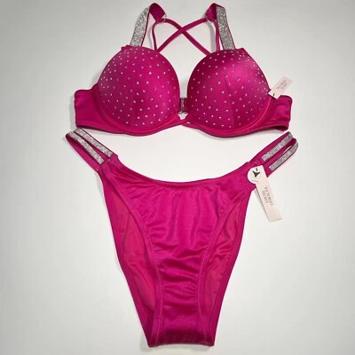 Victoria Secret 36B M Bombshell Push Up Bikini Top Set Shine Strap Berry Blush