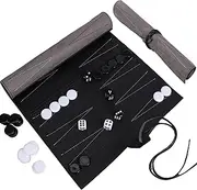 CXAFQ Backgammon Set, Made of Faux Leather, Classic Backgammon Board Game, Portable Travel Strategy, Backgammon, Camper & Travel Fans, Black and White, 25.5 x 34.5 cm, Rollable