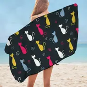White Yellow Blue Pink Cats Microfiber Beach Towel