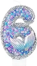 Girls Sparkler 6 Birthday Number Candles, Purple Pearls Mermaid Tail Number Birthday Candles for Girls Women Birthday Cakes Mermaid Themed Birthday Decorations Party Favors Number 6 Candle Cake Topper