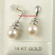 Solid 14k White Gold Swirl-Top AAA Peach Cultured Pearl Dangle Earrings