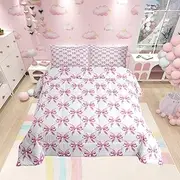 Manfei Pink Bow Comforter Set Twin Size, Cute Bowknot Geometric Lattice Bedding Set 2pcs, Princess Kawaii Bow Tie Patchwrok Down Comforter for All Season, Kids Girls Room Decor, 1 Pillowcase