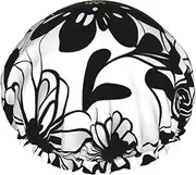 Black And White Flowers Print Various Activities Shower Cap Reusable Soft And Lightweight Bath Hair Cap Long Hair