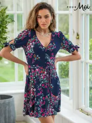 Pour Moi Navy Blue Floral Bella Fuller Bust Slinky Stretch Tie Sleeve Mini Dress (N72170) | $104