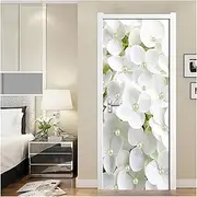Door Stickers PVC Self-Adhesive 3D Removable Door Sticker White Flower Pearl Wallpaper Living Room Door Decor Decal(77x200cm)