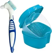 Denture Case, Denture Cup with Strainer Denture Bath Box with Cleaning Brush, Deture Bath for Retainer Cleaning (Blue)
