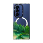 Galaxy Z Fold7 Clear Magnetic Case WOODLAND RETREAT 4, FOREST TREES GREEN AQUA TEAL NATURE MOUNTAINS PAINTING