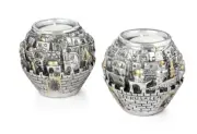 NIB Silver tone JERUSALEM 3D Image 3 1/4"h Set 2 metal Candle Holders w/ candles