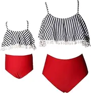 [KABETY] Girls Swimsuit Two Pieces Bikini Set, Red Stripe, 10 Years