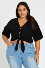 Black Short Sleeve Linen Blend Tie Front Shirt