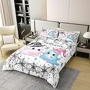 Manfei 100% Cotton Happy Halloween Duvet Cover Set Queen Size,Kawaii Pink Blue Ghost Witch Hats Bedding Set,Mystic Bat Spider Web Graffiti Quilt Cover(No Filler) with 2 Pillowcases