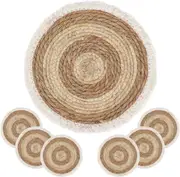 Natural Round 4/6/8 of Set Straw Braided Placemat with Tassel Boho Handmade Rattan Weave Heat Resistant Mats for Kitchen Table Decor(9.8")