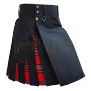 Handmade Black With Royal Stewart Tartan Hybrid Kilt For Men Custom Size Kilt