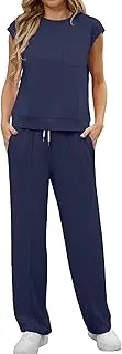 [GRECERELLE] Two Piece Outfits for Women Summer Casual Crew Neck Cap Sleeve Tops and Jogging Bottoms Lounge Sets for Women Tracksuits with Pockets