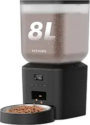 Nityers Automatic Cat Feeder - 8L/34 Cups Automatic Dog Feeder Timed Food Dispenser, Large Stainless Steel Food Bowl, Dual Power Supply, Large Capacity, Up to 50 Portions 6 Meals Per Day, Black
