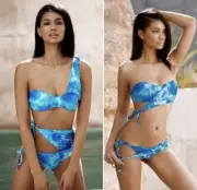 New Beach Bunny Chanel Wrap Blue Tie Dye Swimsuit Set Bikini Top Bottom Skimpy