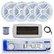 Dual Bluetooth Marine Radio, Cover, Antenna,Wire, 4x 6.5" 250W LED White Speaker