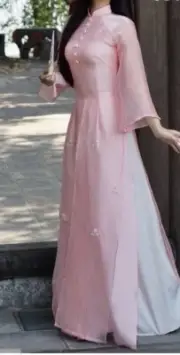 Pink Sparkle Button Slit Vietnamese Modern Ao Dai Set. Comes With White Pants.