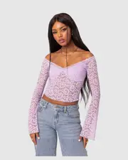 EDIKTED Womens Linda Off Shoulder Sheer Lace Top LILAC