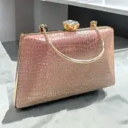 Rose Gold Formal Handbag Glossy Leather Clutch with Gold Handle & Crown Clasp
