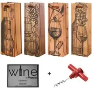Set of 4 Elegant Bar Tools & Drinkware Wine Gift Bags & Bonus Corkscrew Bottle
