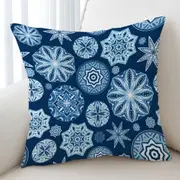 Sparkling Blue Snowflakes Mandalas Cushion Cover