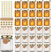 6 Oz Honey Jars with Dipper 30 Pack Hexagon Honey Jar for Baby Shower Empty Glas