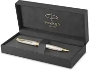Parker Sonnet Ballpoint Pen Premium Silver Mistral Finish with Gold Trim Medium Point with Black Ink Refill Gift Box