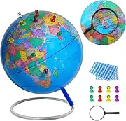 9" World Globe for kid & adult, Classroom & Office Desk, Geographic Globe with iron Stand, colorful Magnetic Push Pins & magnifier & handkerchief, 360° Horizontal Rotation Homeschool World Globe Blue