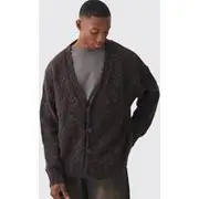 Mens Chocolate Oversized Textured Brushed Knitted Cardigan