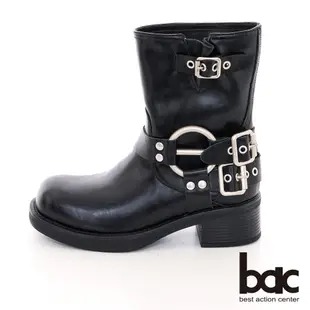 【bac】西部牛仔靴皮帶釦騎士中筒短靴-黑色
