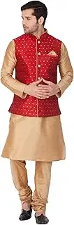 [VASTRAMAY] Men's Beige Cotton Silk Blend Kurta, Ethnic Jacket and Pyjama Set