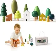 Macabaka Wooden Forest House Cake Topper Decorations, 13 Pieces Mini Wooden Tree Toy Set for Home Decor, Cake Topper, Early Educational Preschool Classroom Project Montessori Toys
