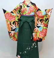 Furisode Kimono & Hakama & Obi sash set M-L Size Brand New Red Black Green F/S