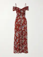 [RABANNE] RABANNE - Cold-shoulder Knotted Ruched Paisley-print Stretch-jersey Maxi Dress - Brick - FR 38 FR 38 Red