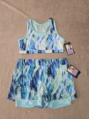 NWT Avia Set Reversible Sports Bra/shorts Youth Girls Size XL 14-16 Teal Blue M
