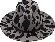 [Beavorty] Women's Woolen Big Brim Hat Adjustable Cap Cow Pattern Decor for Party Event Daily Wear Grey