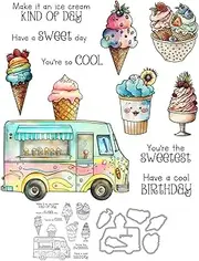 LZBRDY Ice Cream Van Sweet Cool Birthday Wishes Words Stamps and Dies Set for Scrapbooking and Card Making