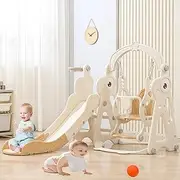 Aerlife Kids Slide and Swing Set, 4in1 Toddler Slide Playset with Adjustable Swing w/Safety Belt, Footrest, Basketball Hoop & Ball, Extra Long Slides for Kids Indoor Outdoor Playground Backyard(Beige)