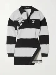 [DAVID KOMA] DAVID KOMA - Embellished Mesh-trimmed Striped Cotton-jersey Mini Shirt Dress - White - UK 14 UK 14 White