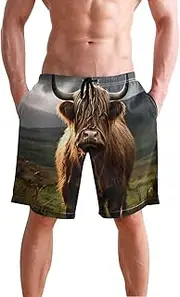 [XYMZR] Cow Long Horns Field Men's Swim Trunks Quick-Dry Bathing Suit Swimming Board Shorts S