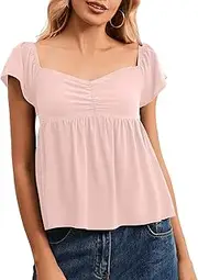 [Ardrem] Women Babydoll Peplum Tank Top Sweetheart Neck Ruffle Cap Sleeve Tank Tops Backless Smocked Shirts Flowy Tops