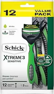 Schick - Xtreme 3 Sensitive for Men | Disposable Razors| 12 Pack | With Aloe | Flex Blades Adapts to Contours | 3 Blade Cartridge