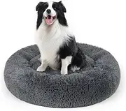 Sicilaien Dog Calming Donut Bed, Fluffy Plush Pet Bed Pillow Sofa Bed for Medium Large Dogs Cats, Anti Anxiety Pet Bed Cuddle Round Cushion with Non-Skid Bottom Washable, 80CM, Deep Grey