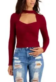Juniors Almost Famous Mock Neck Cut Out Front Bust Ruched Blouse, Size Large